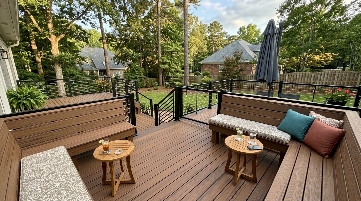 Custom multi-level composite deck with cable railings and string lights in Atlanta, Georgia backyard