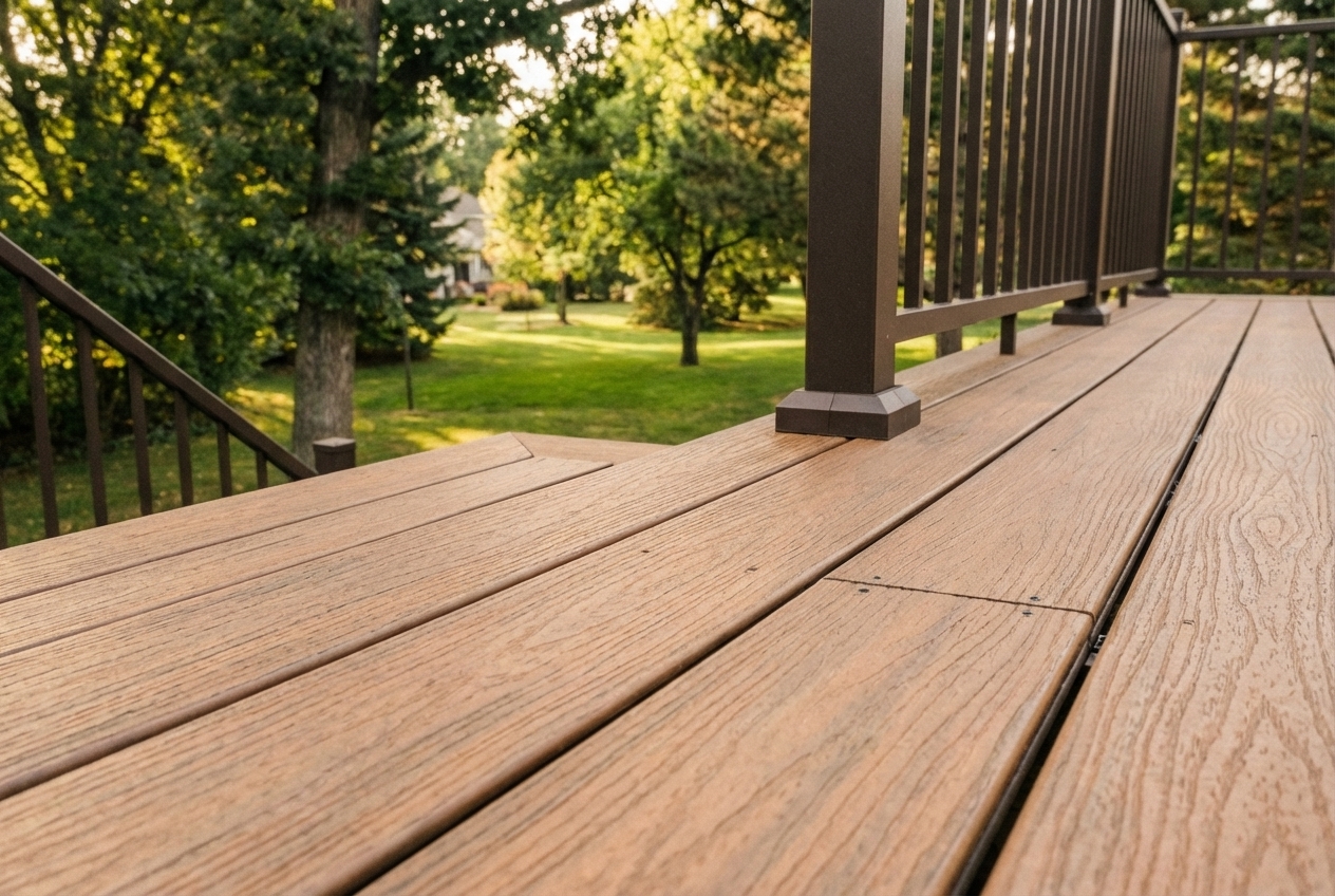 Trex composite deck boards with hidden fasteners in warm brown tones