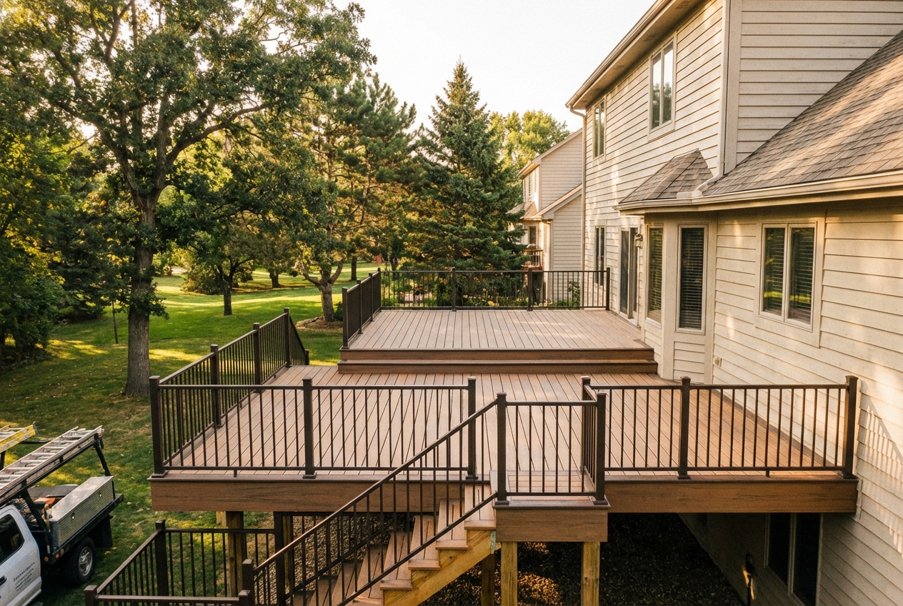 Custom multi-level composite deck with stairs in a wooded Atlanta backyard