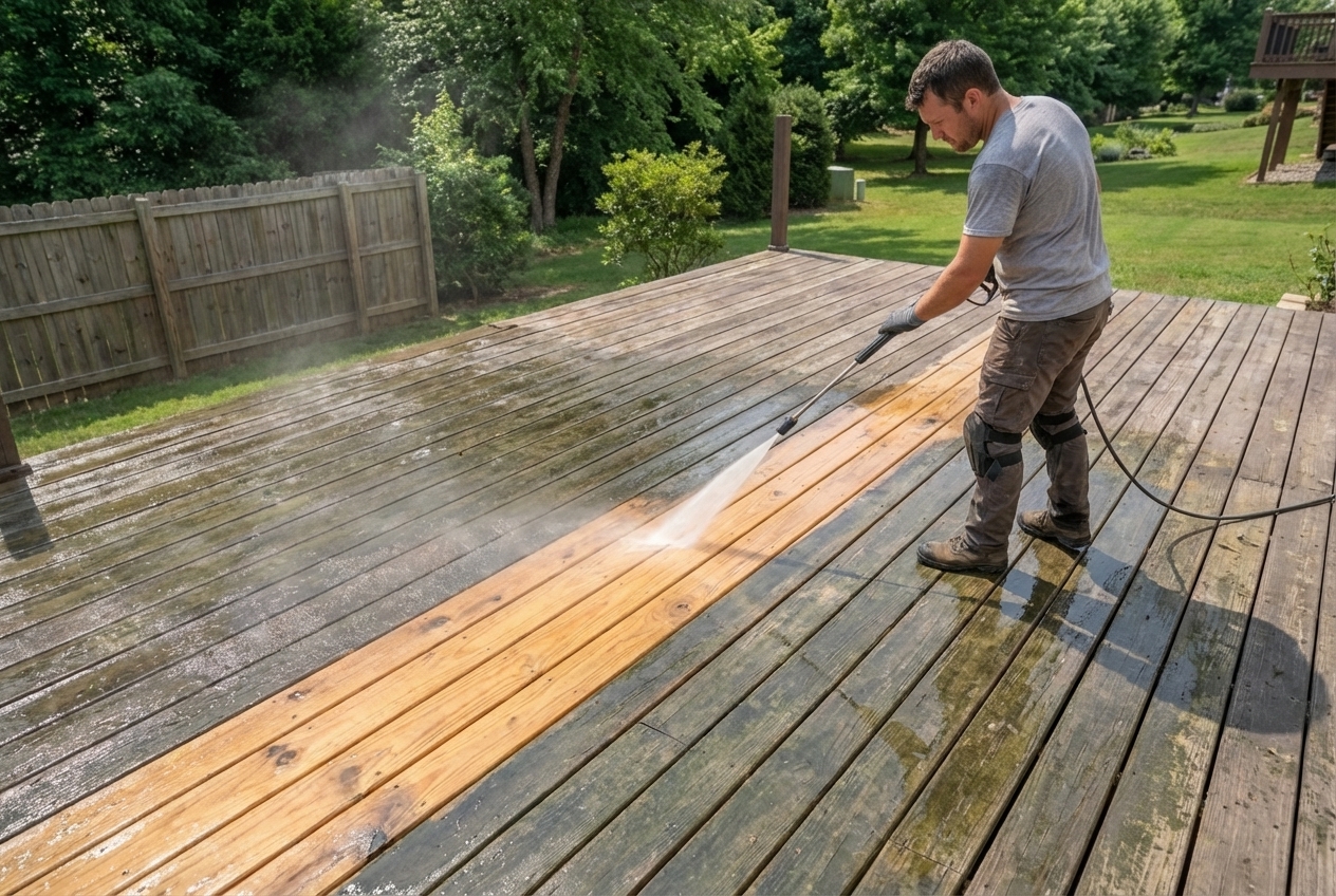 Professional deck power washing removing mold and mildew from wood deck in Atlanta, Georgia