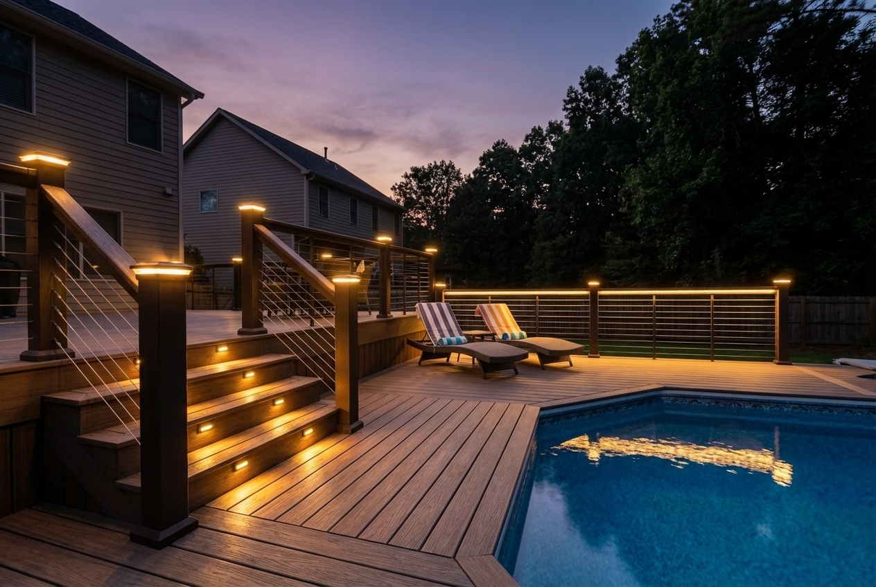 Deck at dusk with glowing LED post cap lights and stair lighting