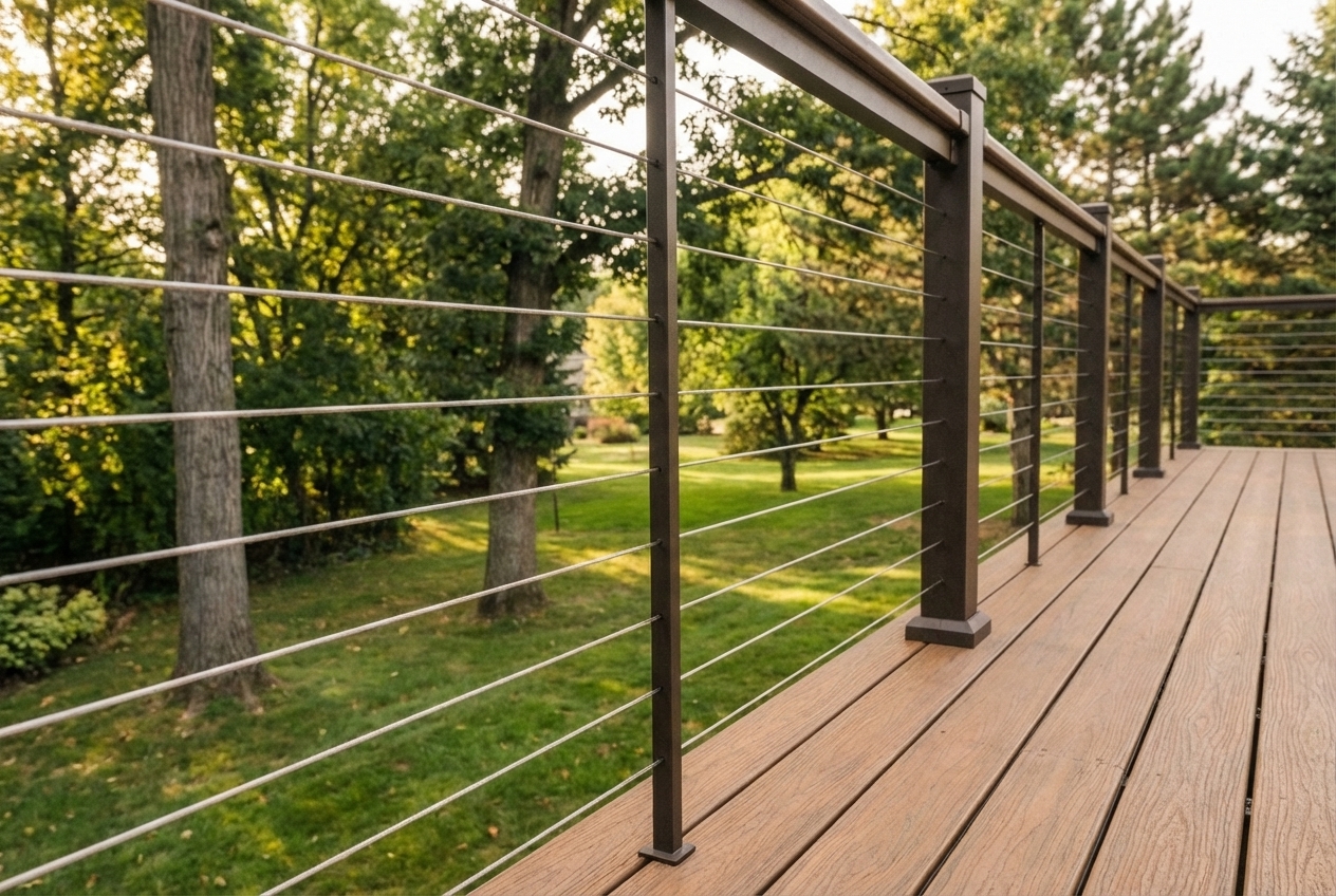 Stainless steel cable railing system on composite deck with trees in background