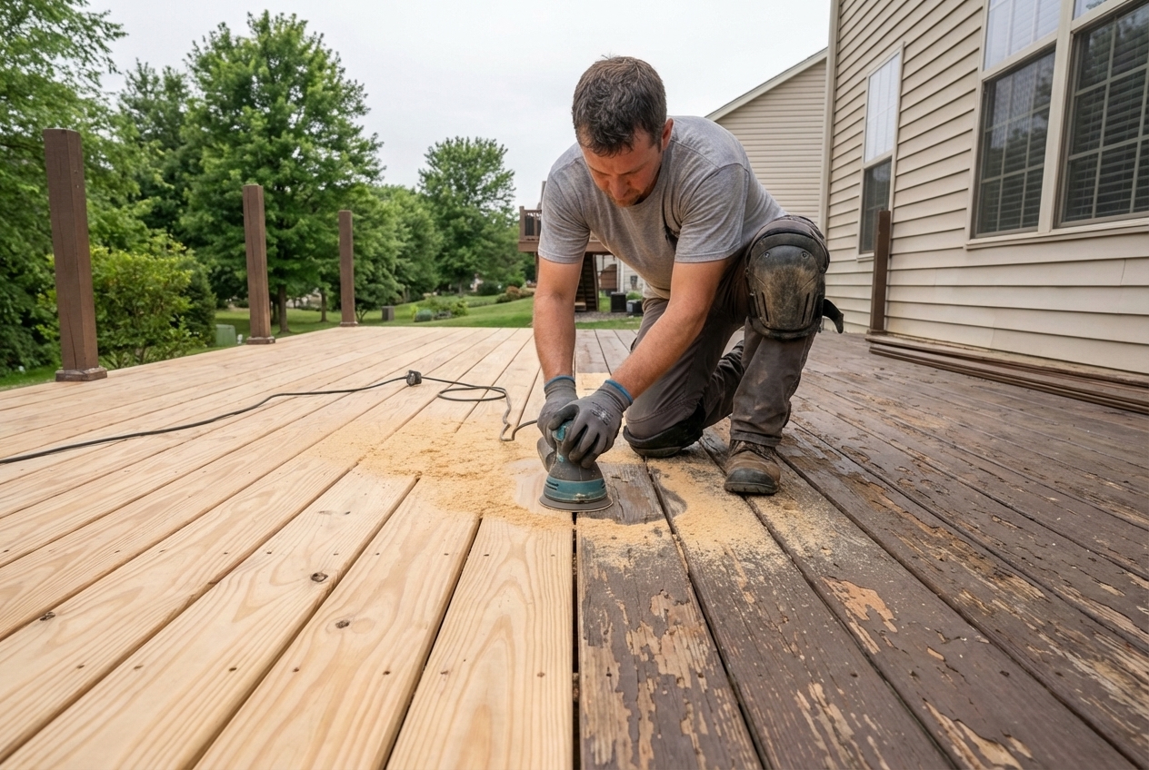 Weathered deck being sanded and refinished, work in progress