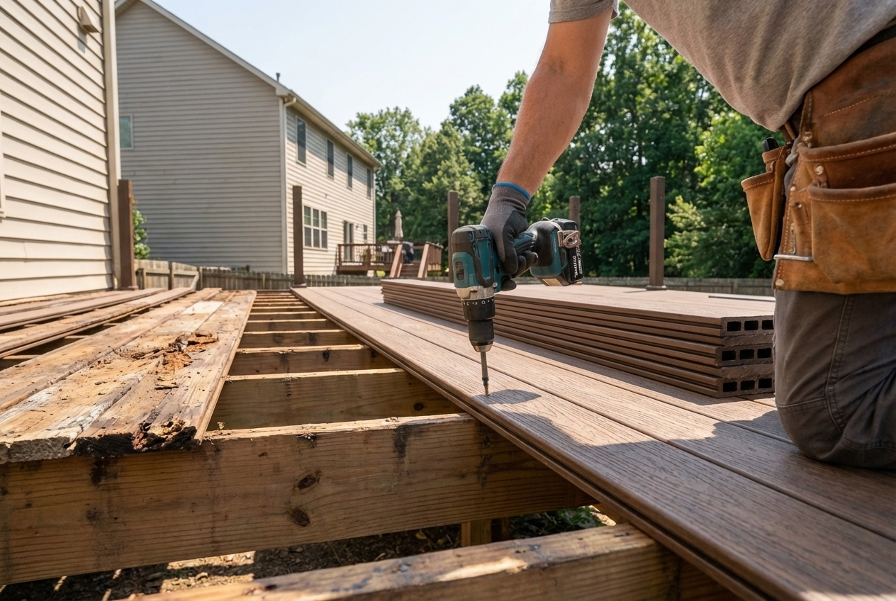 Contractor replacing damaged deck boards with tools visible