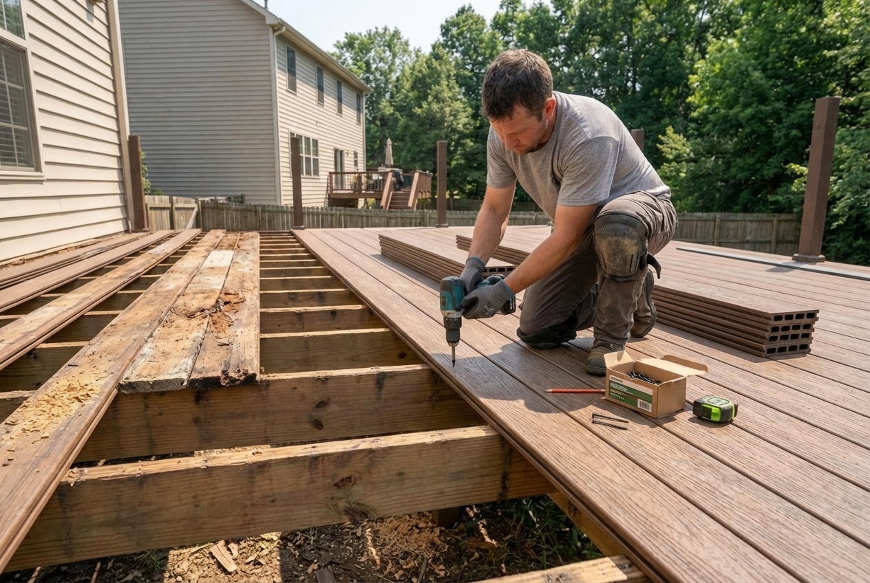 New composite boards being installed over existing deck frame