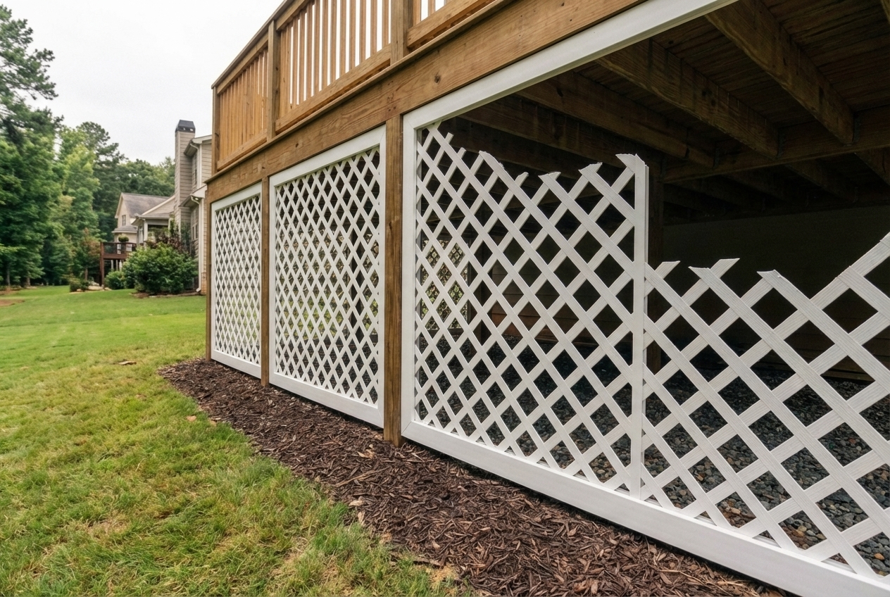 White lattice skirting under an elevated deck with clean finish