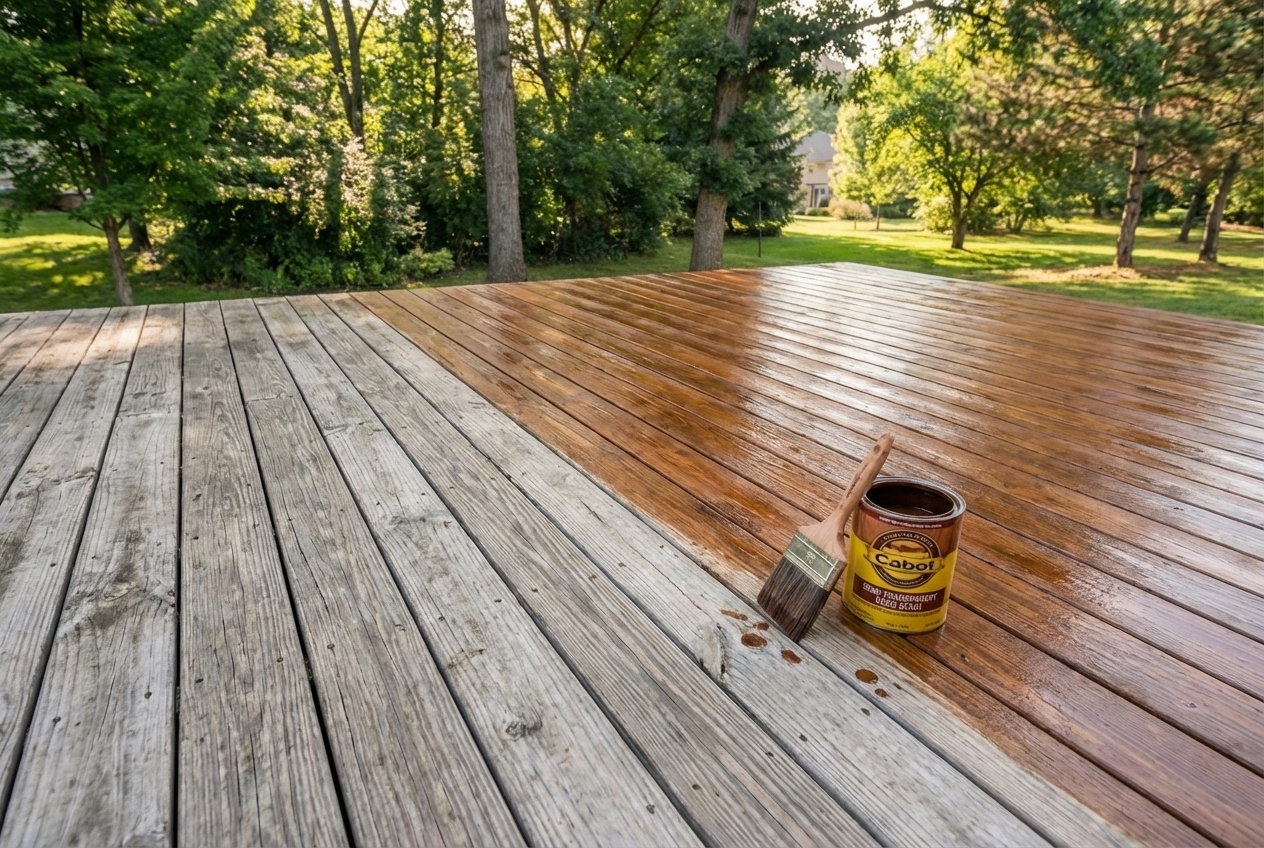 Half-stained wood deck showing before and after contrast