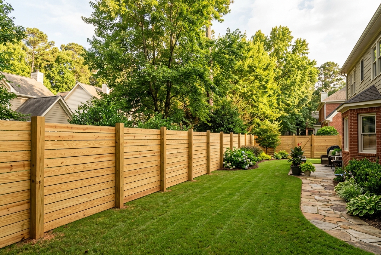New wood privacy fence freshly installed in Atlanta backyard