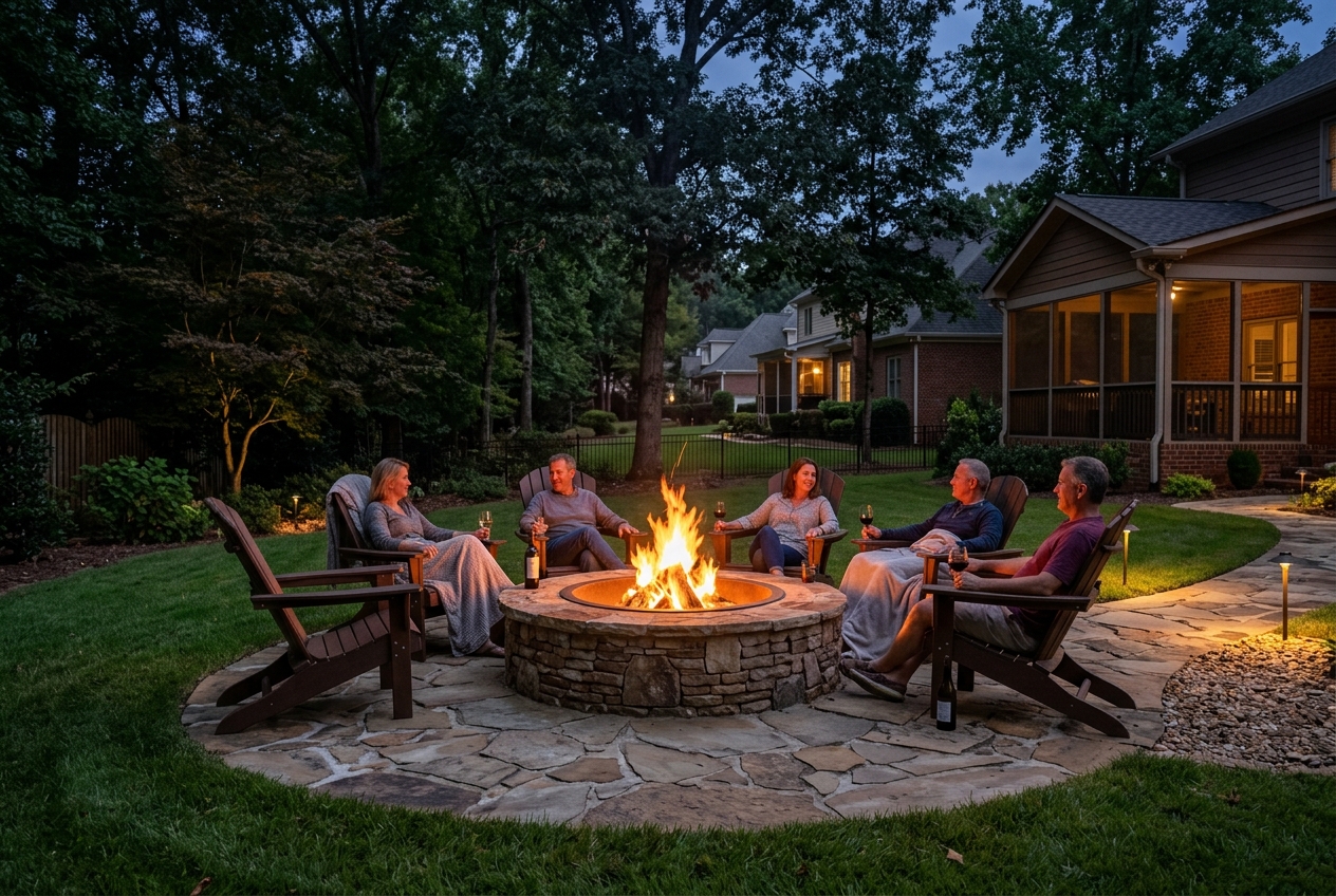 Stone fire pit with Adirondack chairs at dusk in Georgia backyard