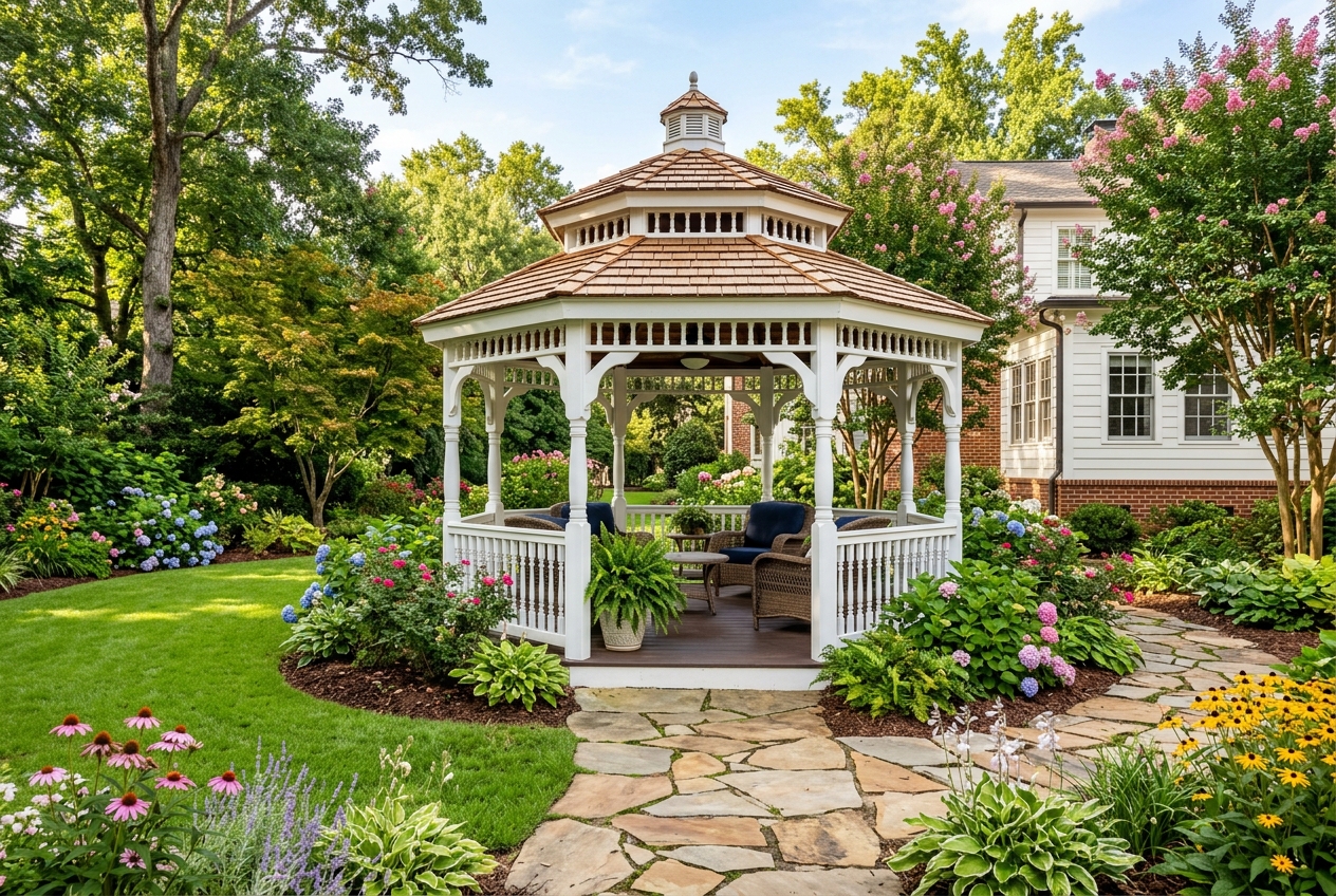 Octagonal gazebo in backyard garden setting with landscaping
