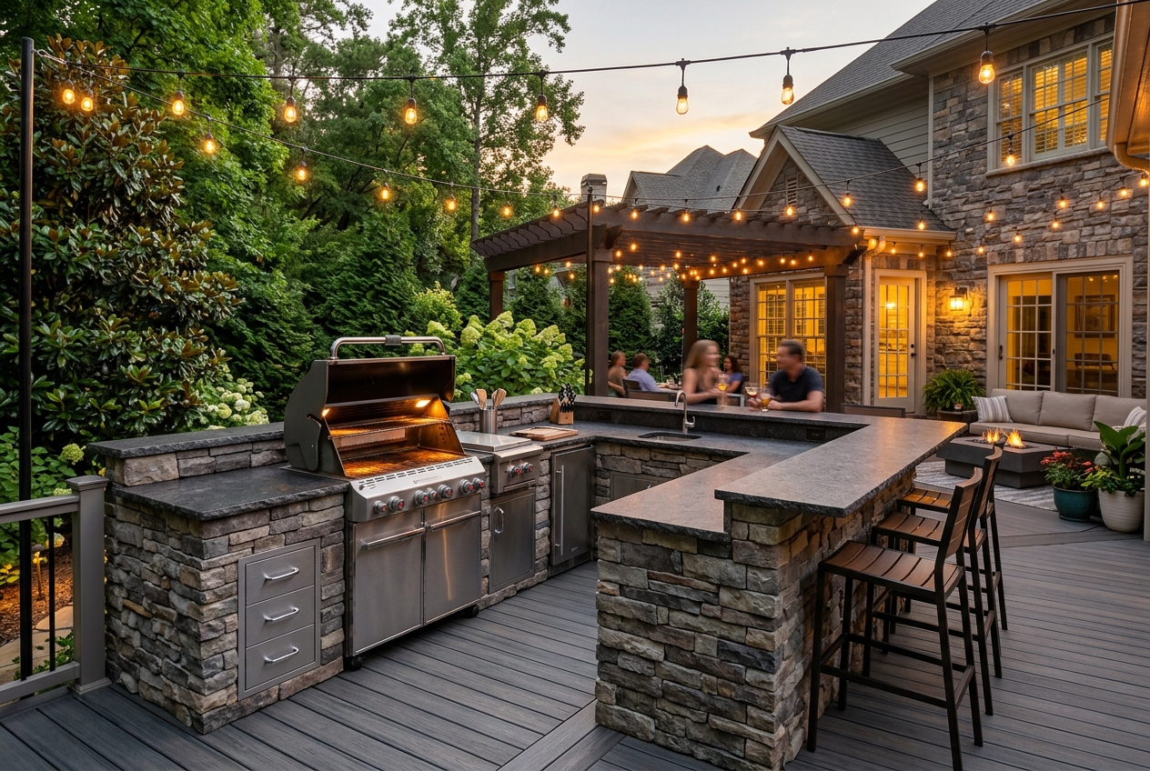 Built-in outdoor kitchen with stone countertops and bar seating