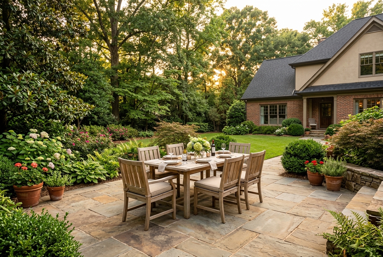 Flagstone patio with outdoor furniture in suburban Atlanta backyard