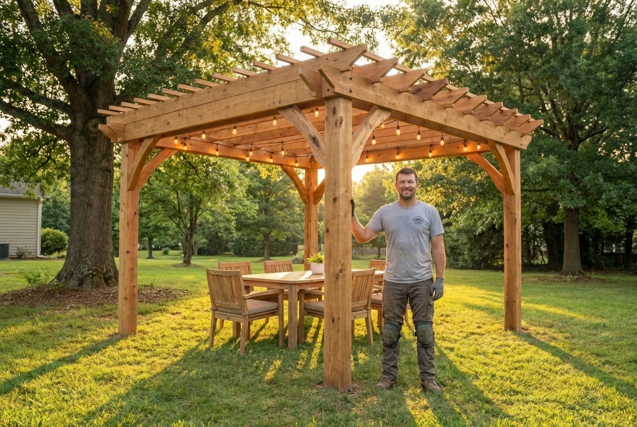 Freestanding cedar pergola with string lights in Atlanta backyard at evening