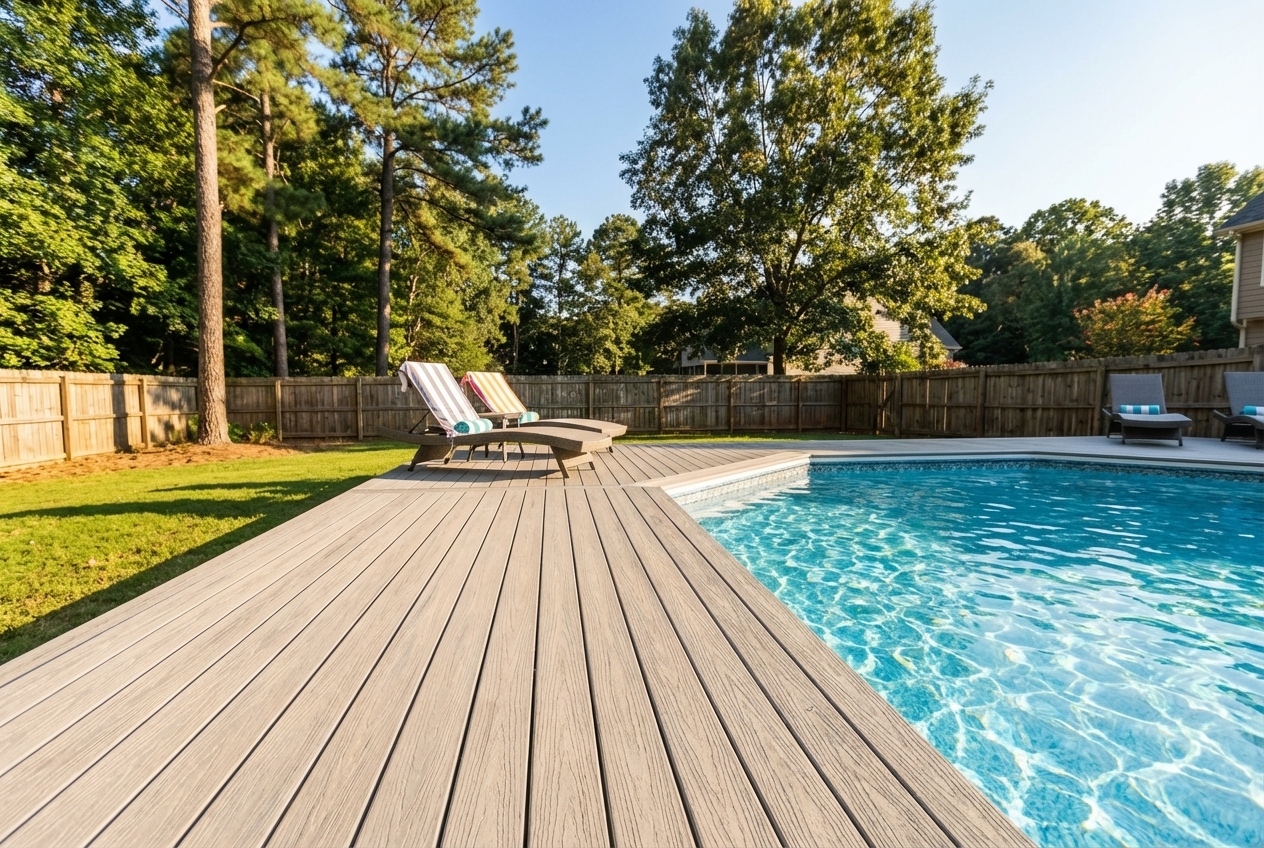 Composite deck surrounding an in-ground pool in suburban Atlanta