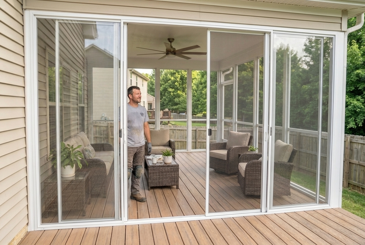 Glass panel enclosed porch converted to three-season room