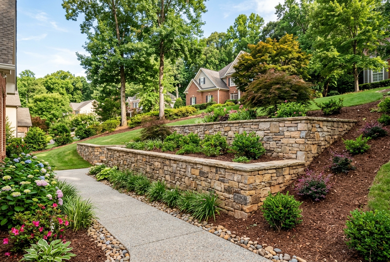Stacked stone retaining wall on sloped yard in Atlanta area