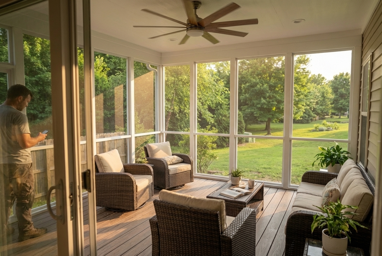 Screened porch with ceiling fan and outdoor furniture in Atlanta