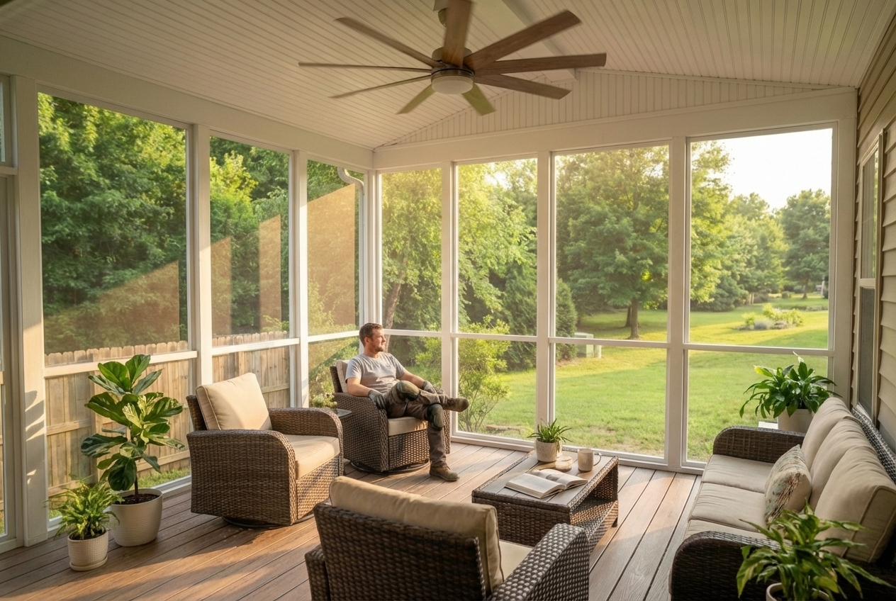 Four-season sunroom with insulated glass windows overlooking a wooded backyard in Atlanta, Georgia