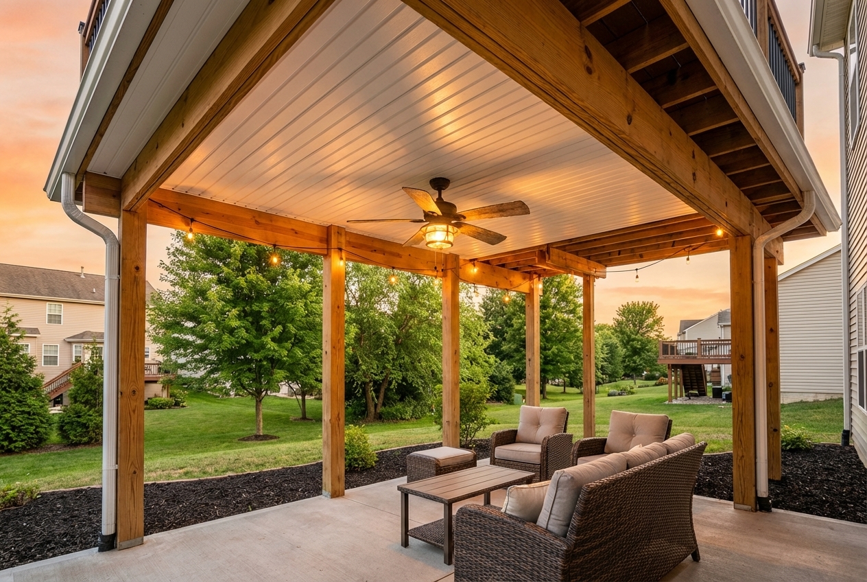 Dry under-deck living space with ceiling drainage system installed