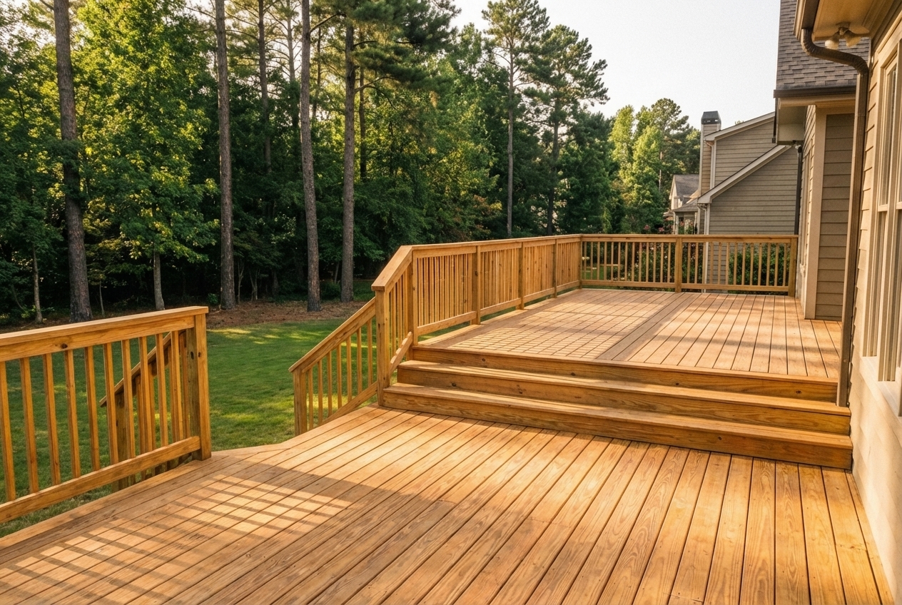 Fresh cedar wood deck with visible natural grain in Atlanta backyard